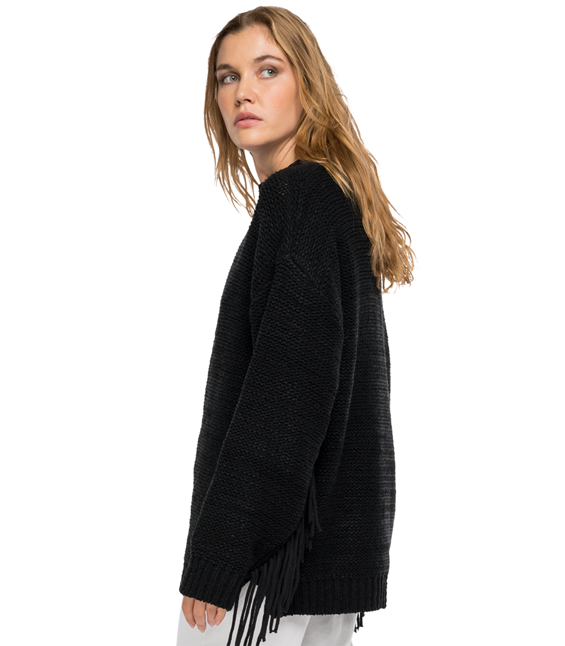 両面パイル フリンジ付きクルーネックセーター 詳細画像 ブラック 3